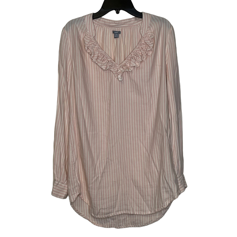 Aerie Womens Blouse Top Size XXS Pink White Striped Cotton Blend Ruffled Womens